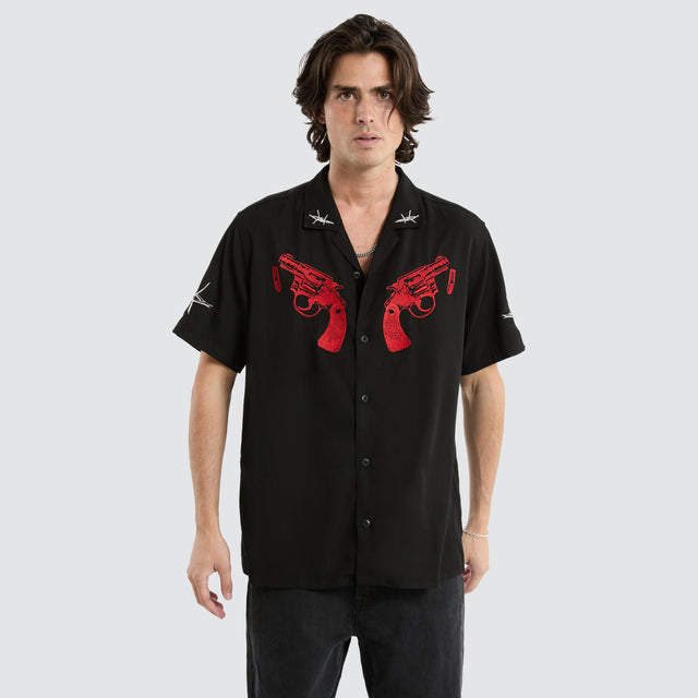 model wears Revolver Relaxed Resort Shirt Jet Black Short Sleeve Shirts Black - image 1