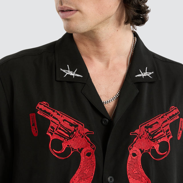 model wears Revolver Relaxed Resort Shirt Jet Black Short Sleeve Shirts Black - image 2
