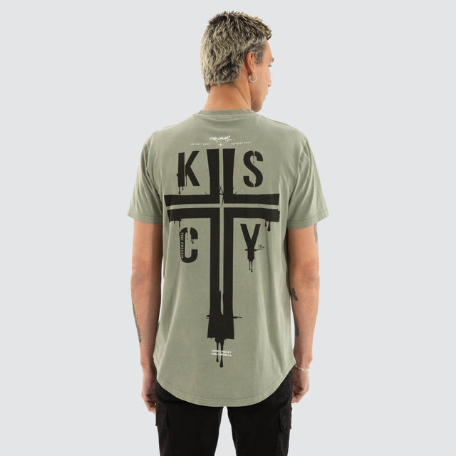 model wears Cloak Dual Curved Tee Pigment shadow T-Shirts Green - image 1