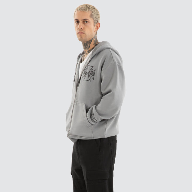 model wears Nocturne Relaxed Zip Hoodie Pigment Ultimate Grey Hoodies Grey - image 5