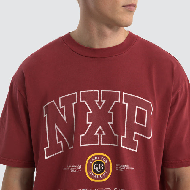 model wears Agnus Relaxed Box Fit T-Shirt Maroon Red T-Shirts Red - image 3