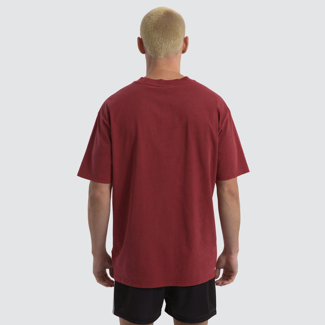 model wears Agnus Relaxed Box Fit T-Shirt Maroon Red T-Shirts Red - image 4