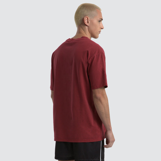 model wears Agnus Relaxed Box Fit T-Shirt Maroon Red T-Shirts Red - image 5