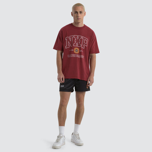 model wears Agnus Relaxed Box Fit T-Shirt Maroon Red T-Shirts Red - image 6
