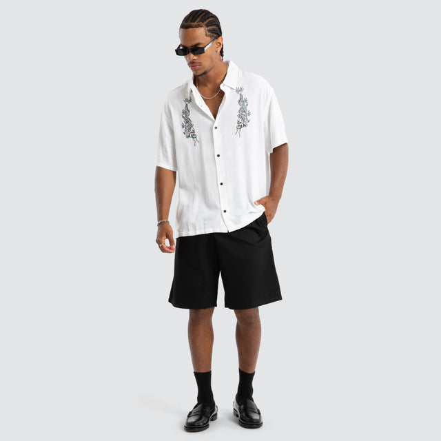 model wears Double Dragon Short Sleeve Shirt White Short Sleeve Shirts White - image 2