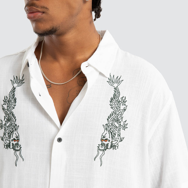 model wears Double Dragon Short Sleeve Shirt White Short Sleeve Shirts White - image 3