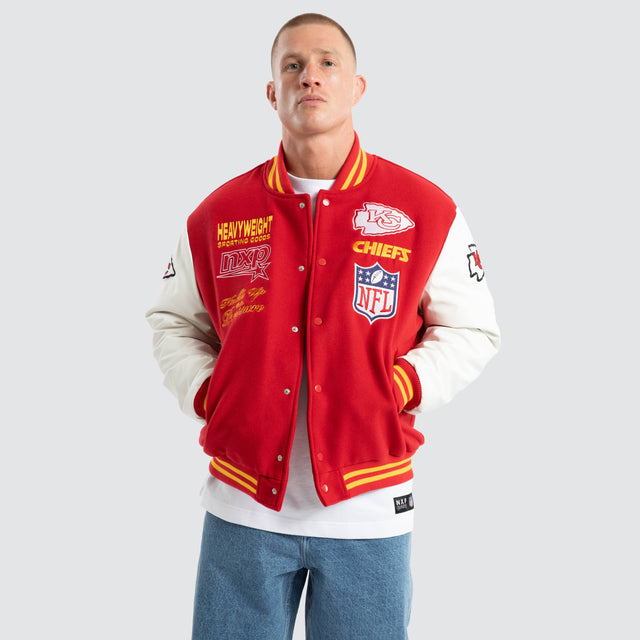 model wears Kansas City Chiefs Huddle Varsity Jacket Red/White Jackets Red - image 1