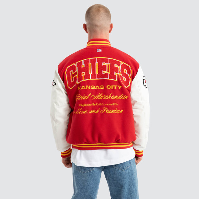 model wears Kansas City Chiefs Huddle Varsity Jacket Red/White Jackets Red - image 2