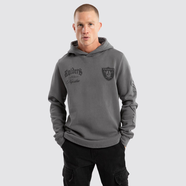 model wears Las Vegas Raiders Defence Dual Curved Hoodie Pigment Charcoal Hoodies Grey - image 2