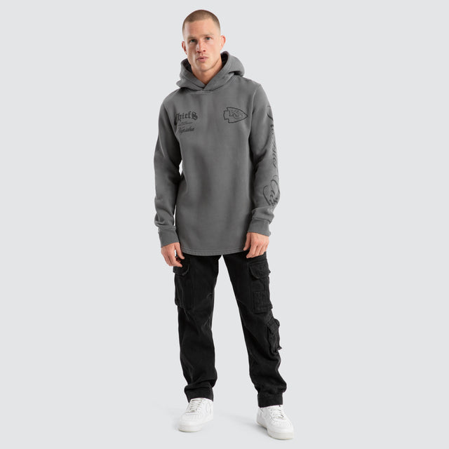 model wears Kansas City Chiefs Defence Dual Curved Hoodie Pigment Charcoal Hoodies Grey - image 2