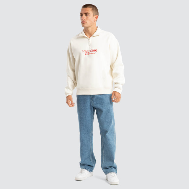 model wears Merch Quarter Zip Jumper Tofu Pullover Beige - image 2