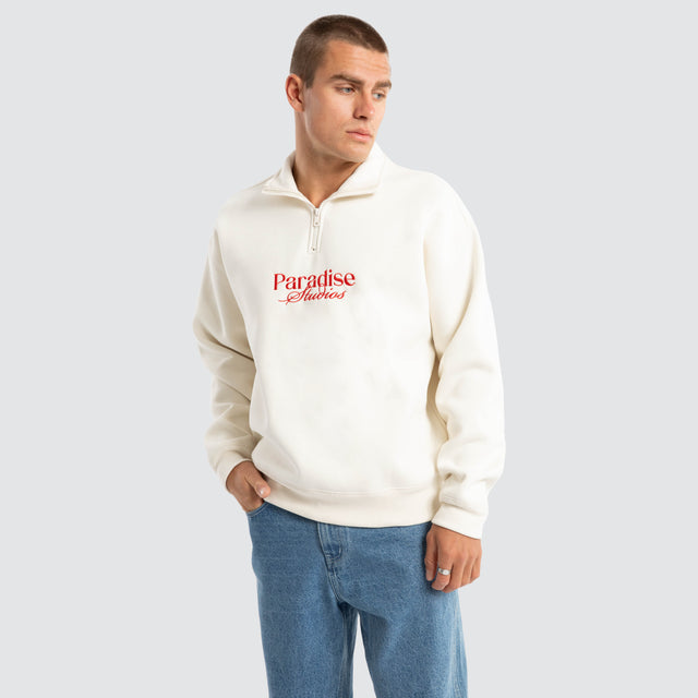 model wears Merch Quarter Zip Jumper Tofu Pullover Beige - image 1