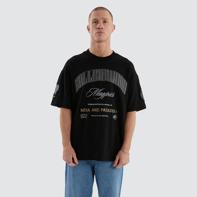 model wears Collingwood Magpies AFL Game-On Loopback Tee Jet Black T-Shirts Black - image 4