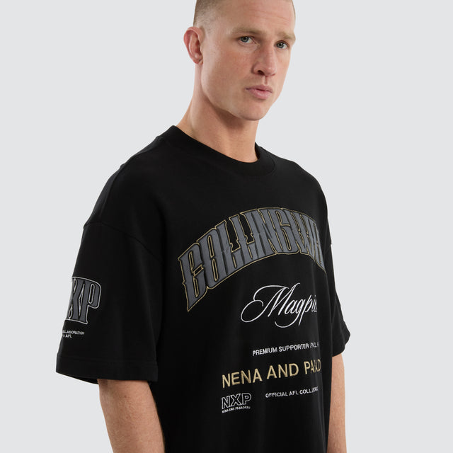 model wears Collingwood Magpies AFL Game-On Loopback Tee Jet Black T-Shirts Black - image 5