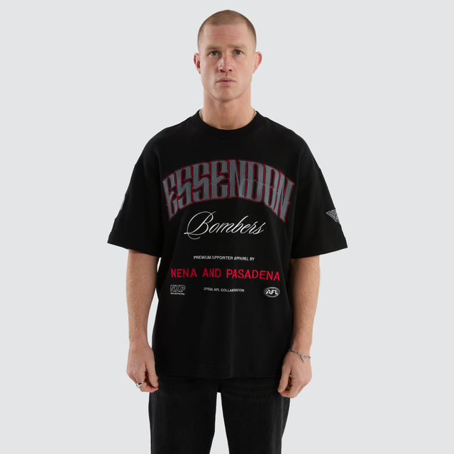 model wears Essendon Bombers AFL Game-On Loopback Tee Jet Black T-Shirts Black - image 4