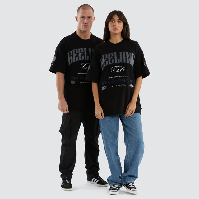 model wears Geelong Cats AFL Game-On Loopback Tee Jet Black T-Shirts Black - image 2