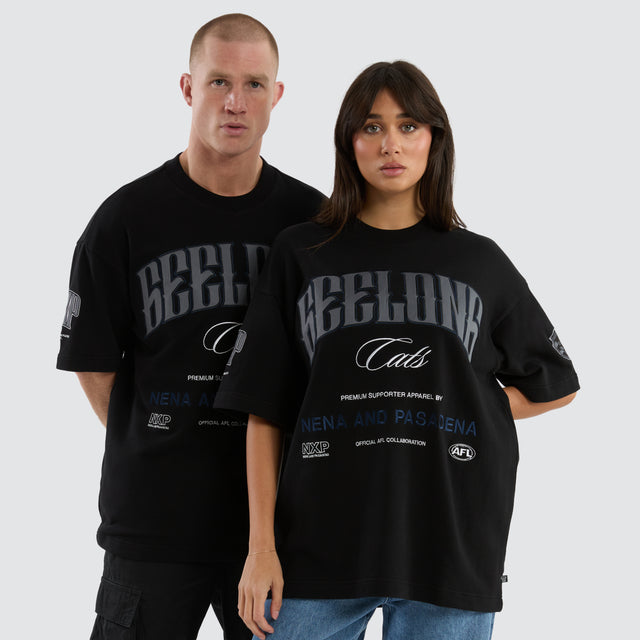 model wears Geelong Cats AFL Game-On Loopback Tee Jet Black T-Shirts Black - image 1