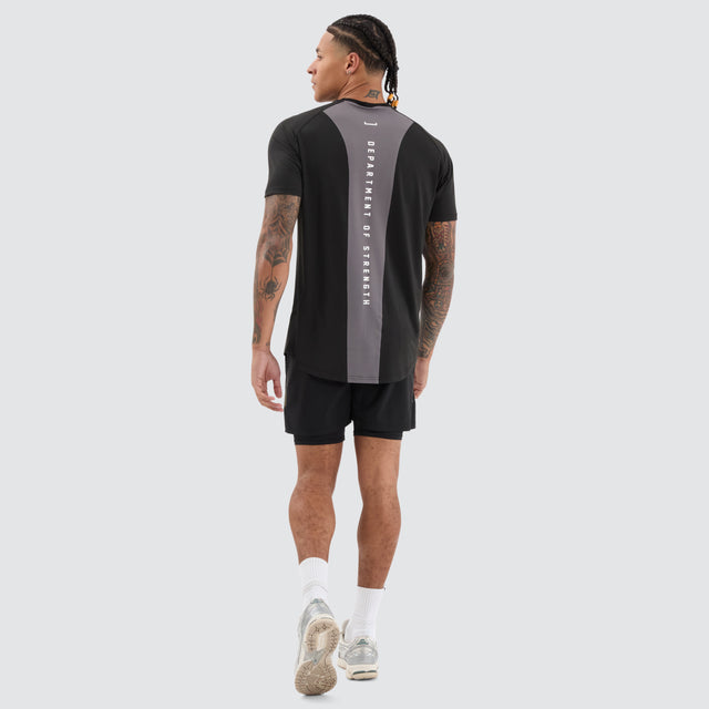 model wears Fortify Raglan Dual Curved Active Tee Black/Asphalt T-Shirts Black - image 5