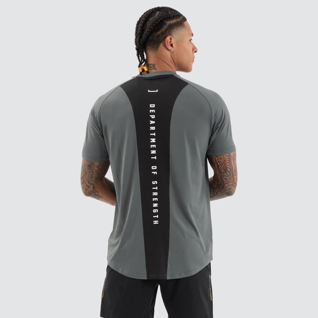 model wears Fortify Raglan Dual Curved Active Tee Shadow/Jet Black T-Shirts Black - image 2