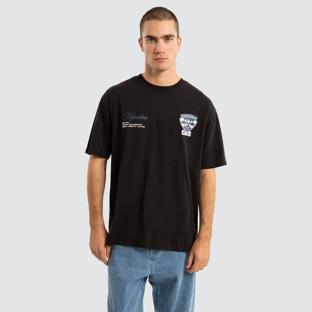 model wears Geelong Cats AFL Season Tee Jet Black T-Shirts Black - image 2
