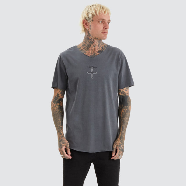 model wears Chained Raw V-neck Tee Pigment Charcoal T-Shirts Grey - image 1