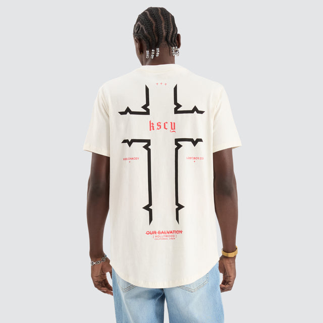 model wears Thready Dual Curved Tee Natural White T-Shirts White - image 1