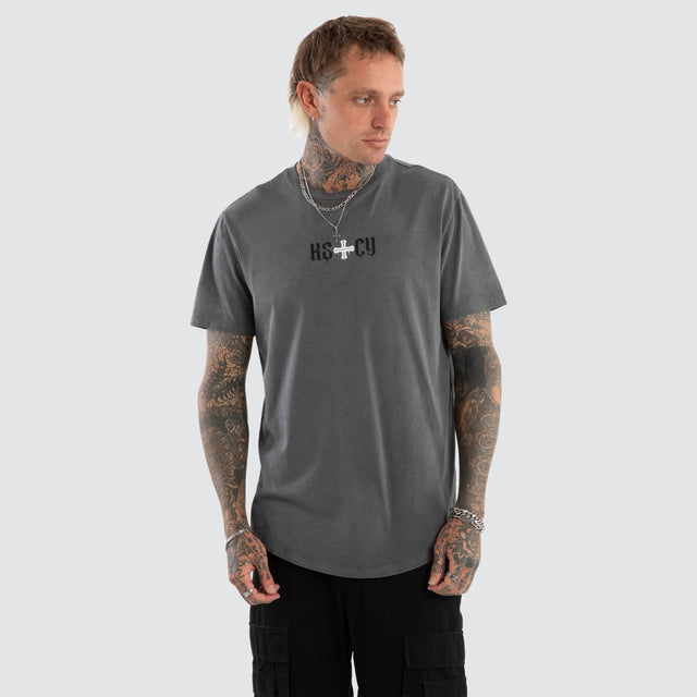 model wears Tyres Dual Curved Tee Pigment Charcoal T-Shirts Grey - image 3