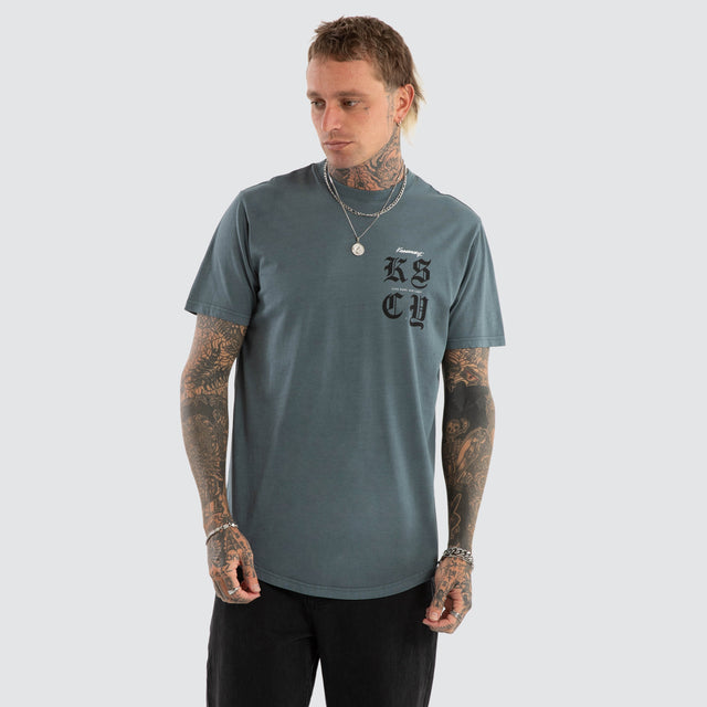 model wears Black Letter Dual Curved Tee Pigment Stormy Weather T-Shirts Blue - image 2