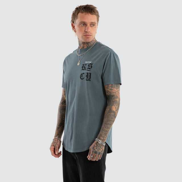 model wears Black Letter Dual Curved Tee Pigment Stormy Weather T-Shirts Blue - image 4