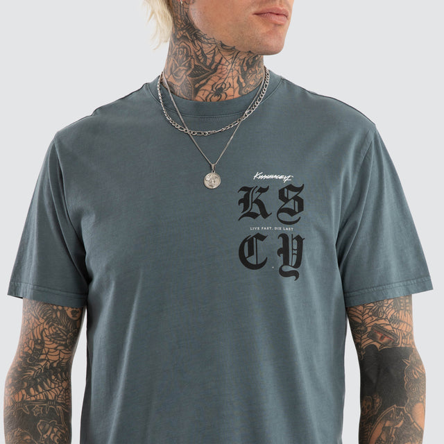 model wears Black Letter Dual Curved Tee Pigment Stormy Weather T-Shirts Blue - image 3