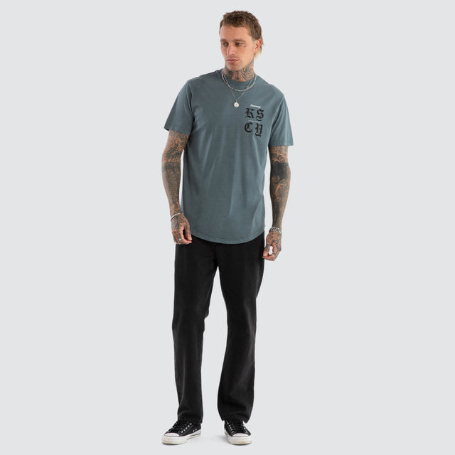 model wears Black Letter Dual Curved Tee Pigment Stormy Weather T-Shirts Blue - image 5