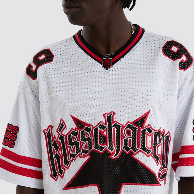 model wears Star Football Jersey White And Red Jerseys White - image 2