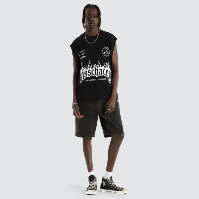 model wears System Loopback Mechanic Muscle Black Muscle Tees Black - image 4
