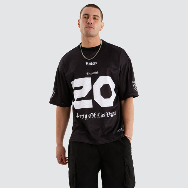 model wears Las Vegas Raiders NFL Mesh Jersey Tee Jet Black T-Shirts Black - image 1