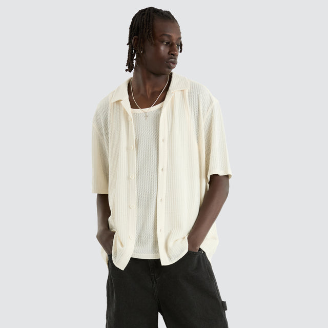 model wears Byron Knit Resort Crop Shirt Natural White Short Sleeve Shirts White - image 2