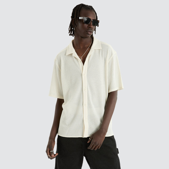 model wears Byron Knit Resort Crop Shirt Natural White Short Sleeve Shirts White - image 1