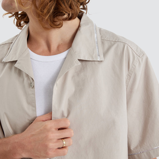 model wears Ladder Resort Crop Shirt Light Taupe Short Sleeve Shirts Tan - image 2