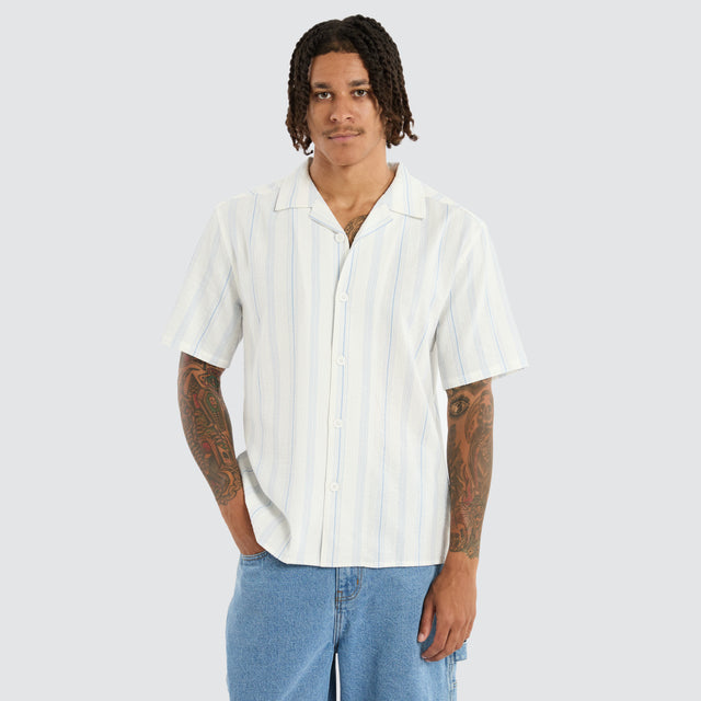 model wears Umbrella Resort Crop Shirt Light Blue Stripe Short Sleeve Shirts White - image 1