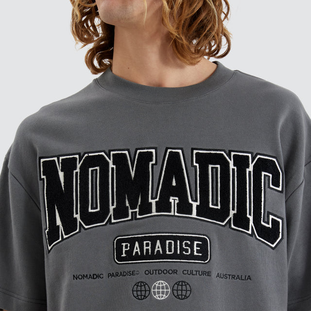 model wears College Loopback Street Tee Castlerock T-Shirts Grey - image 2