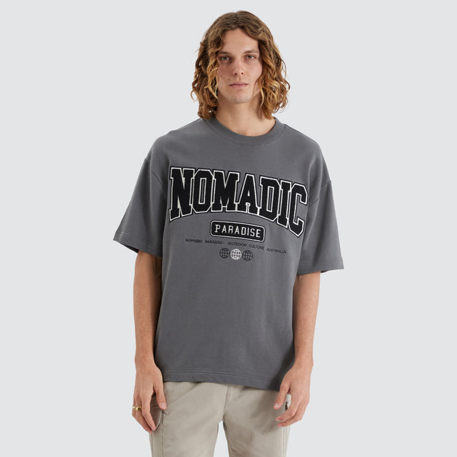 model wears College Loopback Street Tee Castlerock T-Shirts Grey - image 1