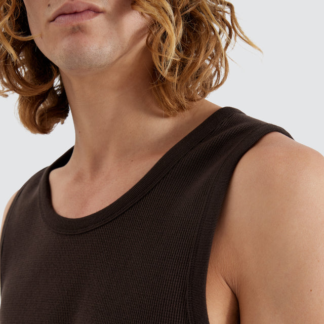 model wears Kai Heavy Waffle Singlet Chocolate Tanks Brown - image 2