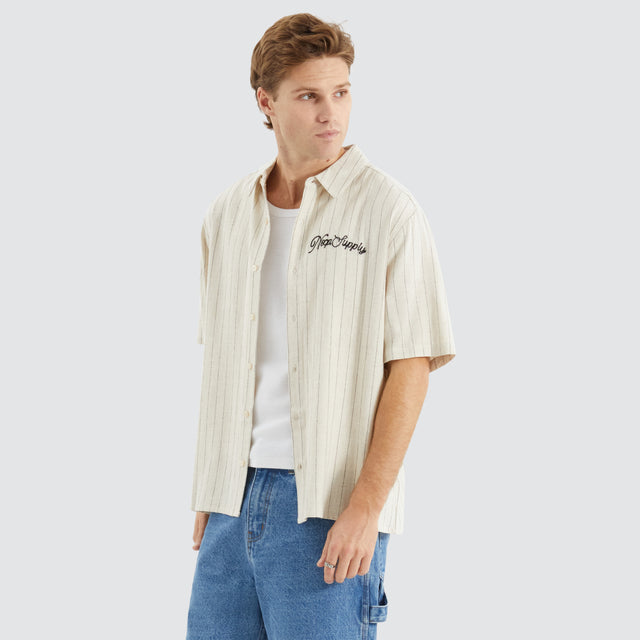 model wears High Life Skate Shirt Oatmeal/Black Stripe Short Sleeve Shirts Cream - image 1