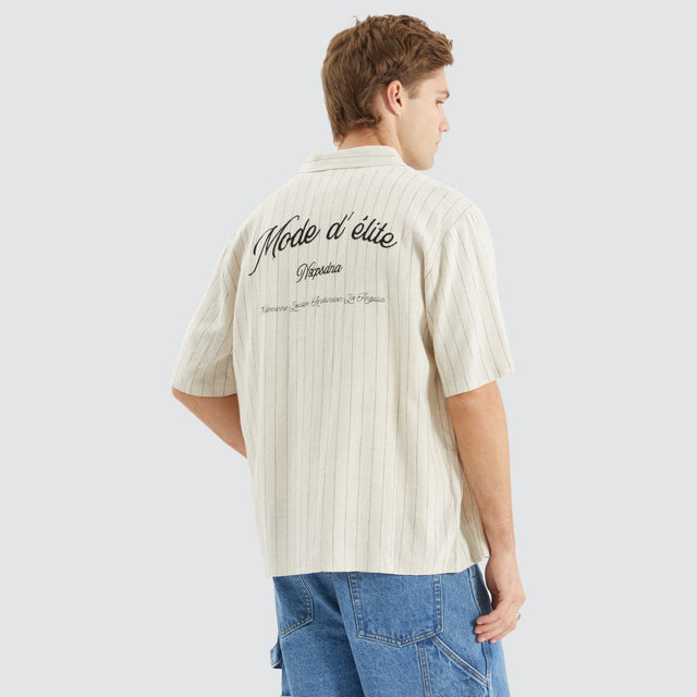 model wears High Life Skate Shirt Oatmeal/Black Stripe Short Sleeve Shirts Cream - image 2