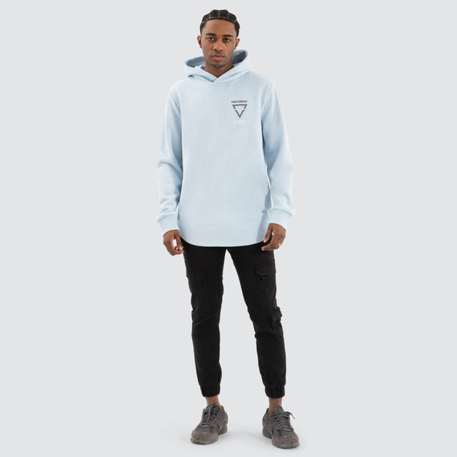 model wears Defend Dual Curved Hoodie Skyway Hoodies Blue - image 2