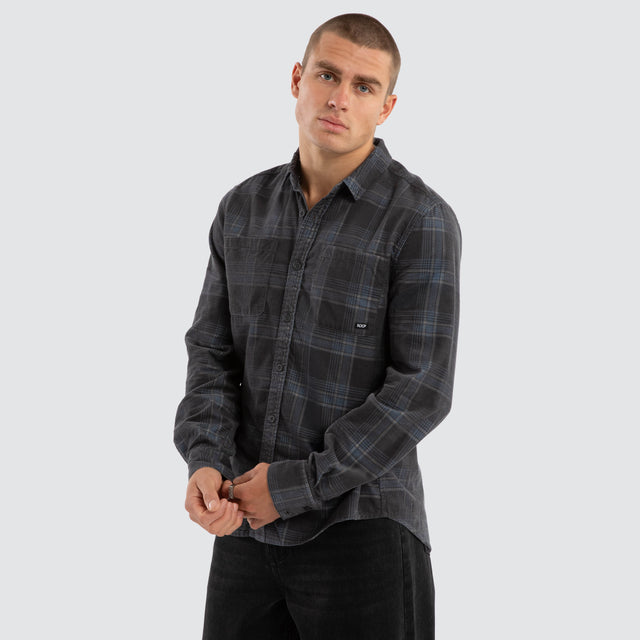 model wears Fiction Cord Long Sleeve Shirt Blue Check Long Sleeve Shirts Blue - image 1