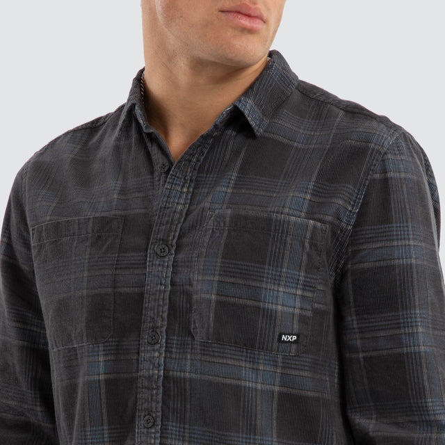 model wears Fiction Cord Long Sleeve Shirt Blue Check Long Sleeve Shirts Blue - image 5