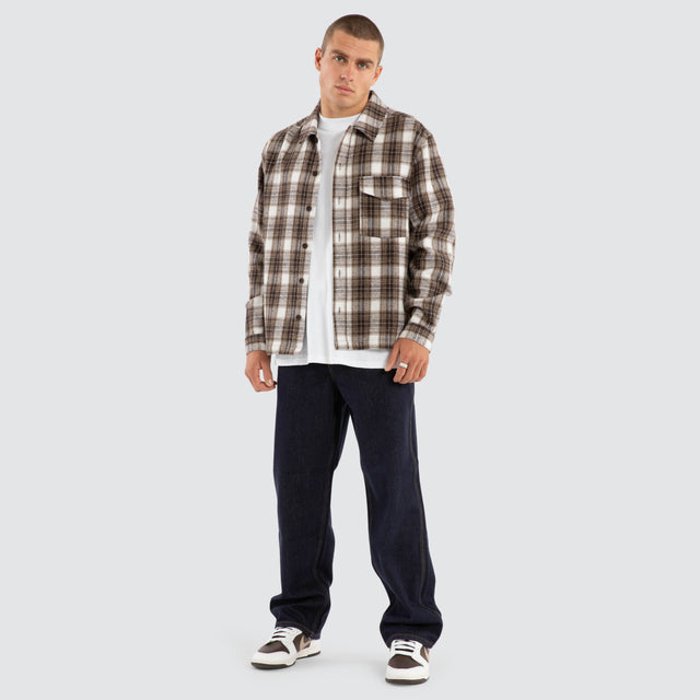 model wears Prime Overshirt Tan Check Long Sleeve Shirts Sand - image 5