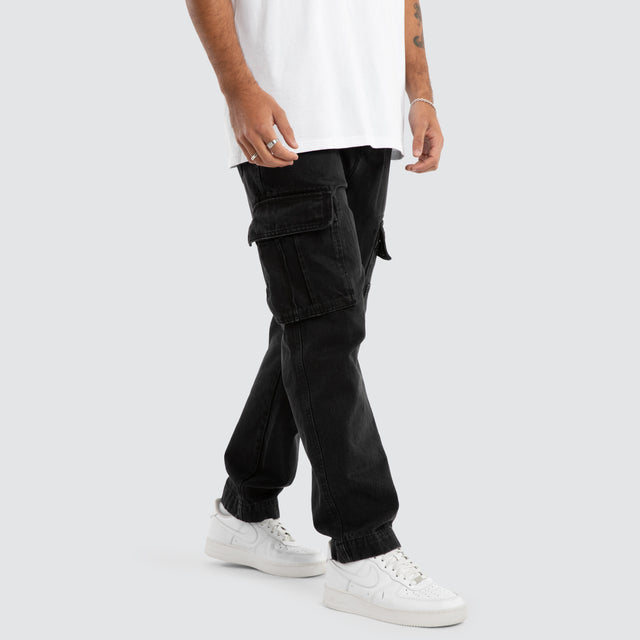 model wears Colby Denim Cargo Pant Washed Black Pants Black - image 6