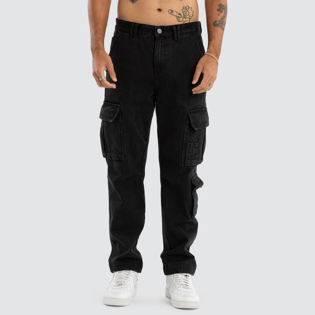 model wears Colby Denim Cargo Pant Washed Black Pants Black - image 4