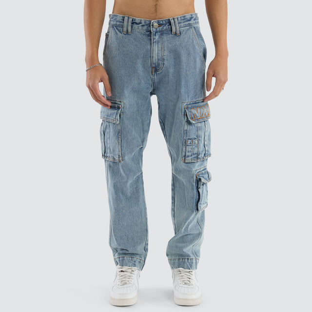 model wears Colby Denim Cargo Pant Herring Blue Pants Blue - image 4